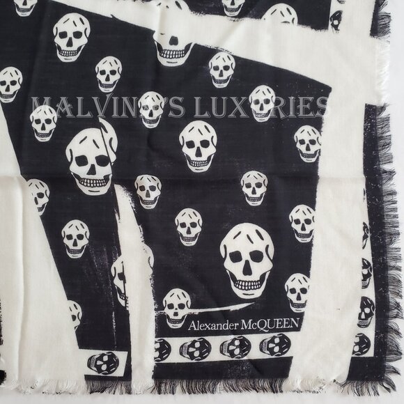 ALEXANDER MCQUEEN SCARF SLASHED SKULL PRINT BLACK WOOL FRINGE UNISEX - Picture 10 of 16